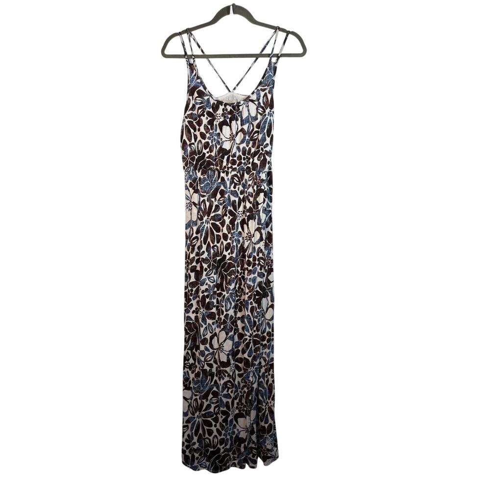 LOFT Tropical Floral Strappy Maxi Dress Blue Brown Boho Summer Sundress Size S